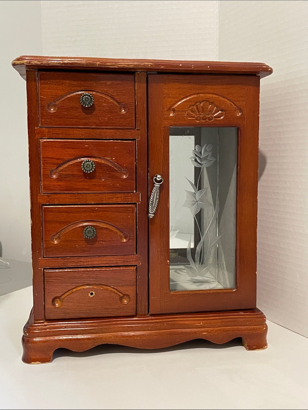 Jewellery Box Stand Up Organizer Armoire Etched Glass Floral Design